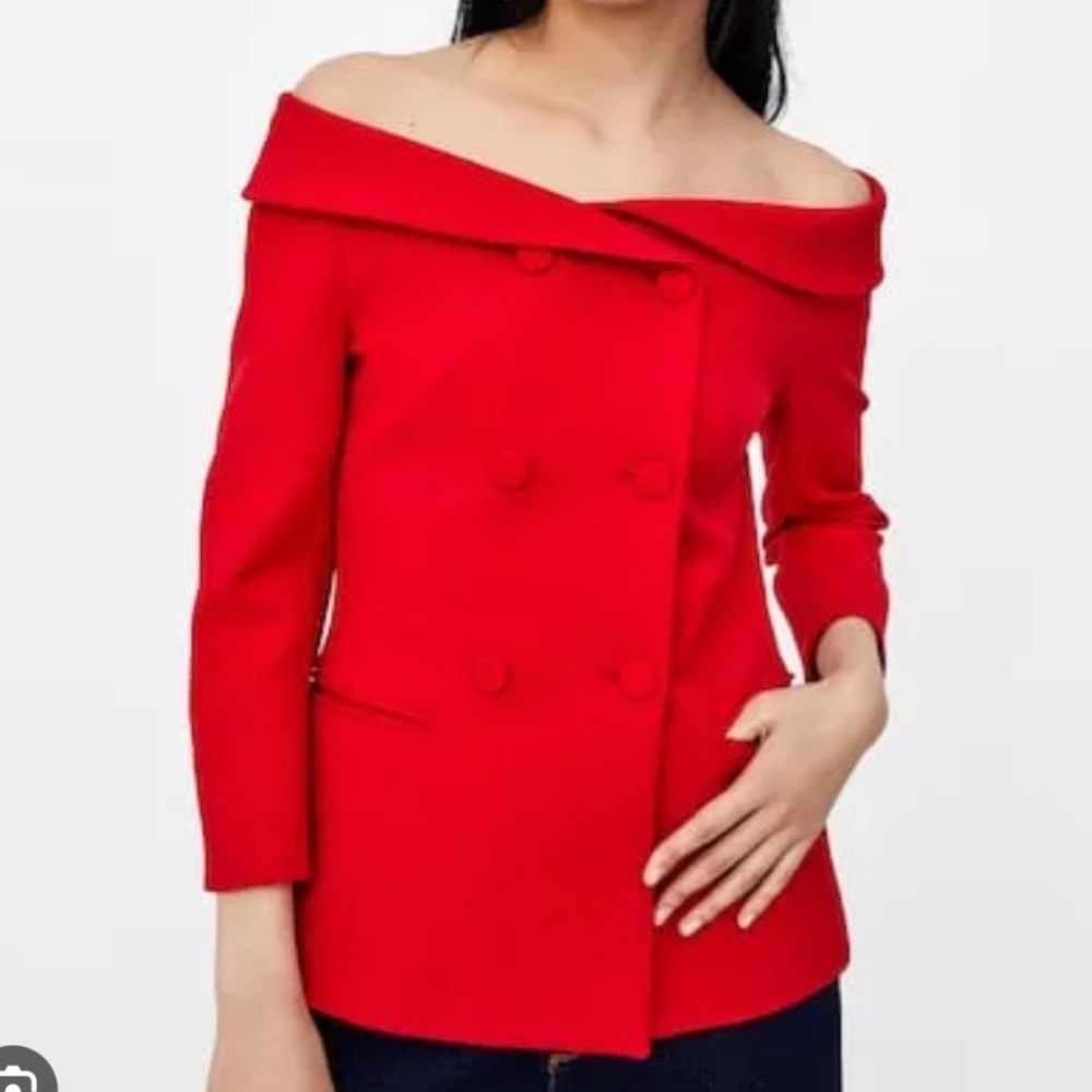 Off-Shoulder Double-Breasted Red Women's Coat